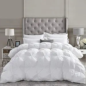 Luxurious All-Season Goose Down Feather Fiber Comforter Super King Size Duvet Insert (120x120), Exquisite Pinch Pleat Design- White, Premium Baffle Box, 100% Egyptian Cotton Cover, 85 oz. Fill Weight