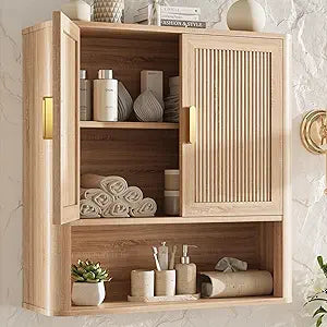 INNOD Bathroom Wall Storage Cabinet, Medicine Cabinet with Adjustable Wood Shelf & Doors, Over the Toilet Storage Cabinet for Laundry Room & Living Room Kitchen Storage Islands (Natural Oak)