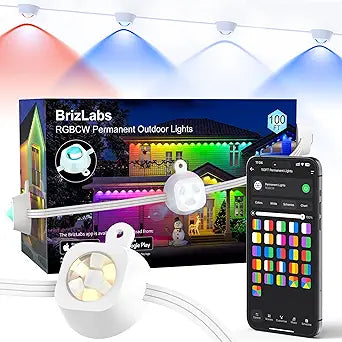 BrizLabs Signature Permanent Outdoor Lights, 100ft 60 LED RGBCW Smart July 4th House Lights, 200+ Custom Scene-Color Effect, Waterproof Eave Light for Xmas, Halloween, Alexa, Google Assistant Enabled