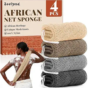 African Net Sponge Authentic-4 Packs African Exfoliating Net Sponge,Bath Sponges for Shower,42 inch Long for Normal to Sensitive Skin, for Daily use, Body Exfoliator Shower(Linen&Brown&Black&Grey)