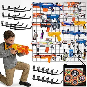 Wall Mount Toy Gun Storage Organizer,Organizer for Toy Guns with Shooting Practice Target Toys Storage Bag and Hooks,Toys Gun Holder Gun Rack for Foam Blasters Guns Accessories Game Room