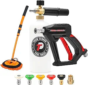 Tool Daily Short Pressure Washer Gun with Foam Cannon, 15 Curved Car Wash Brush with Long Handle, 5 Nozzle Tips, 1/4 Quick Connect