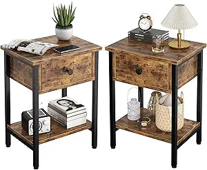 Nightstands Set of 2 with Wood Drawers, Bedside Table Set of 2 with Storage Shelf, Heavy Duty End Side Table for Bedroom Living Room Bedroom Small Space Sofa Couch, Wooden Metal Night Stand, Black
