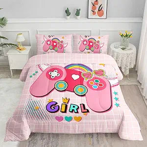 Bedding Comforter Set Pink Gamepad Printed Pattern Quilt with 1 and 2 Pillowcases for Girls Bedroom All Season(Pink Full) Full 80x90inches