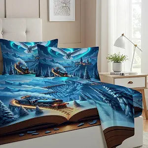 Allenjoy Dreamy Snowy Night Train Owl Sheets Set with Fitted Sheet, Flat Sheet and 1 Pillowcase for Boys Girls Kids Teens Fans Bedding Bedroom Decor, Twin Size