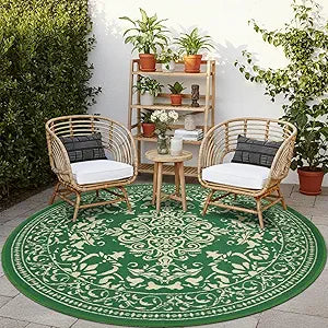 nesrt Vintage Waterproof Round Outdoor Rug 8 Ft, Portable Reversible Plastic Straw Circle Camping Rugs, Outside Carpet for Deck RV Backyard Picnic Patio Beach Pool (Green & Camel)