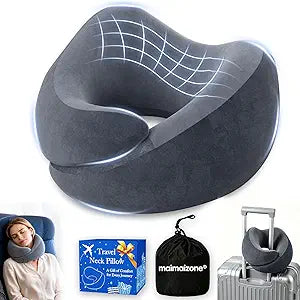 Travel Neck Pillow for Airplanes, Memory Foam Airplane Pillow with Wrap-Around Neck & Chin Support, Travel Pillow with Carry Bag, Eye Mask & Earplugs for Long Flights, Car Rides & Road Trips, Gray