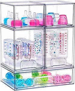 Sorbus Stackable Acrylic Storage Drawers  2 Small + 2 Tall + 1 Wide  5 Pack Clear Plastic Organizer Bins for Baby Bottles, Makeup, Bathroom & Vanity, Pull-Out Drawer Design for Kitchen Cabinets