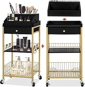 Large Makeup Organizer Cart with Hair Tool Holder, Rolling Makeup Cart with Drawer, 2-in-1 Vanity Organizer Cosmetic Display Cases for Skin Care Perfume Nail Polish Brush Tools, Gold & Black