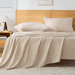 Tan Gingham King Sheet Set, 4-Piece Soft Brushed Microfiber Bed Sheets - 16" Deep Pocket Fitted Sheet, Wrinkle & Fade Resistant, Hotel Luxury Bedding