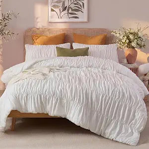 Bedbay 100% Cotton Ruched Comforter Set Queen Size,White Ruffle Comforter Set,Cotton Ruched Bedding Set,Romantic Vintage Ruffle Comforter 3 Pcs, Luxury Textured Pleat Artistic Bedding for All Seasons