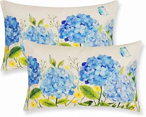 Blue Hydrangea Floral Decor Outdoor Lumbar Pillow Covers Waterproof 12x20 Inch Set of 2, Summer Hydrangea Flower Decorative Pillows for Porch Couch and Patio Furniture, Cottage Core Home Decor