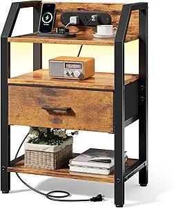 HLDIRECT Rustic Brown Nightstand with Charging Station - Bedside Table with 2AC+2USB+Type-C, Warm LED Light, Fabric Drawer & Shelf, Compact End Table for Small Bedrooms, Dorms, Apartment, Student Room