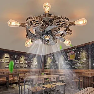 20" Retro Industrial Steampunk Ceiling Fans with Lights and Remote,Low Profile Flush Mount Bladeless Ceiling Fan with Light,Nautical Style 6 Speeds for Bedroom Kitchen Island Bar Cafe