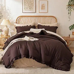 JANZAA Brown Comforter Set Queen  Soft Microfiber, Lightweight All Season Bedding, Ruffle Shabby Chic Aesthetic, Breathable Cozy Bed Set with 2 Pillow Shams, Machine Washable