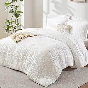 CozyLux Oversized King Comforter Set with Sheets, 7 Pieces 120"x98" White Seersucker Bed in a Bag, Luxury Soft Bedding Set with Down Alternative Comforter, Sheets, Pillowcases & Shams, Bedroom Bed Set