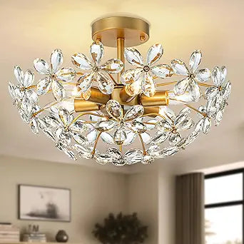 LOHOZOM Bedroom Flower Ceiling Light, Brass Gold Flush Mount Chandelier,17.7inch 6-Light Modern Crystal Closet Ceiling Light Fixture for Kitchen Girl Room Hallway Entryway Foyer
