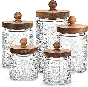 Suclain 5 Pcs Vintage Glass Canisters for Kitchen Storage Glass Jars with Acacia Wood Lid 17/24/34 oz Food Containers for Kitchen Counter Coffee Pantry Sugar Flour Tea Candy Oats Cereal