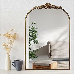 Ornate Baroque Vintage Gold Mirror - 24"X36" Arched Antique Brass Mirror with Full Metal Frame - Perfect for Entryway, Fireplace, Living Room, Hallway, or Bathroom Dcor