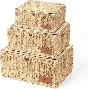 Storage Baskets with Lids, Set of 3 Wicker Baskets with Lids, Water Hyacinth Storage Basket with Lid, Decorative Woven Storage Baskets for Closet, Shelf & Home Organization