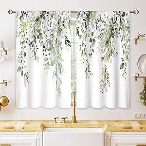 Eucalyptus Botanical Leaves Floral Kitchen Window Curtains Over Sink Farmhouse Flower Leaf Small Window Treatment Sage Green Cafe Short Curtains for Bathroom Treatment Tier Drapes 26x45 inch