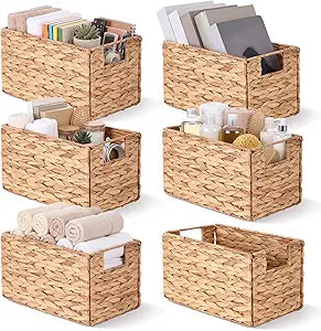 12.6x8x7 Inch Set of 6 Wicker Storage Basket Folding Cube Woven Water Hyacinth Storage Basket with Built-in Handles Rattan Baskets for Pantry, Closet, Shelves Organization & Decor