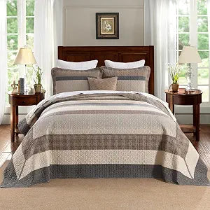 EWlinens Oversized King Bedspread Set 120"x120" - 100% Cotton Extra Large Quilts King Size, Farmhouse Patchwork Striped Plaid Bedspreads with 2 Pillow Shams, All Season, Dark Brown/Beige/Gray