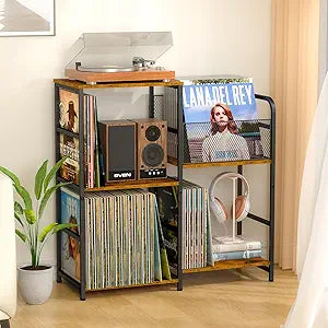 ThreeHio Record Player Stand, Turntable Stand with Vinyl Storage Holds up to 300+ Albums, Storage Cabinet for Vinyl Records, Record Player Table for Living Room