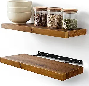 BATODA Set of 2 17" Acacia Wood Floating Shelves Wall Mounted  Rustic Farmhouse Wooden Wall Storage Shelf for Bedroom, Kitchen, Home Dcor - Brackets and Shelving Mounting Hardware Included