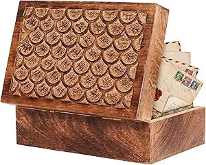 Mela Artisans 10.5 x 7.5 x 4 Mango Wood Box with Lid  Carved Scallop Medium Burnt  Handcrafted Wooden Keepsake Box  Extra Large Decorative Storage for Jewelry, Memory & Home Dcor Accents