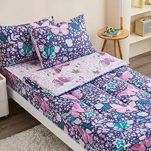 Anibedding 3Pcs Zip Up Bedding Comforter Set for Girls, Purple Butterfly All in One Zipper Twin Bedding Set with Pillowcase for Kids