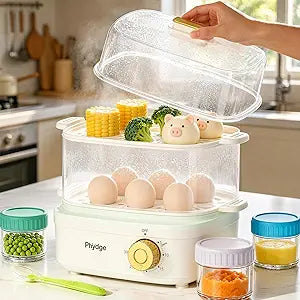 Electric Food Steamer for Cooking, 2-Tier Rapid Egg Cooker, Stackable Steam Cooker for Baby Food, Meal Prep, Quick Healthy Cooking for Vegetables, BPA-Free, 30-Min Timer, 3 Containers&1 Spoon Included