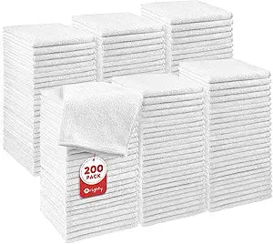 Orighty Wash Cloths Bulk Towels Set 200 Pack, Highly Absorbent and Soft Feel Microfiber Face Cloths, Multi-Purpose White Washcloths & Hand Towels for Bathroom, Hotel, Spa, and Gym, 12x12 Inch