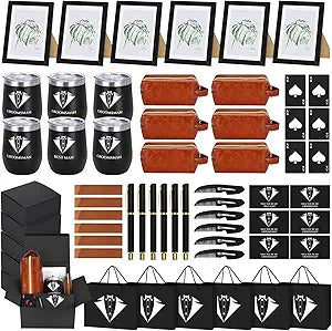 60PcsGroomsmen Proposal Gift of 6 Sets with 12OZ Wine Tumbler PU Leather Toiletry Bag Photo Frame Bottle Opener Pens with Exquisite Package for Wedding Groomsman Best Man Gift