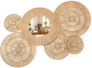 Vercraft 6 Pcs Boho Wicker Jute Wall Decor Baskets - Large 20 Inch Wall Mounted Jute Round Mirror with Hanging Woven Baskets Natural Home Decor Set for Rustic Living Room Bedroom Art