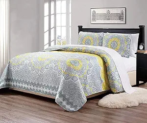 Linen Plus King/California King 3pc Over Size Quilted Bedspread Floral Medallion Yellow Coastal Plain/Gray Green New