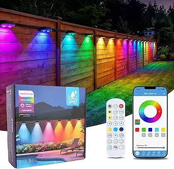 50ft Outdoor Deck Lights, IP67 Waterproof RGB+IC Fence Lights with Remote and APP Control, Smart Low Voltage Landscape Lighting for Patio, Steps, Backyard Decor, Color Changing, 8 Packs