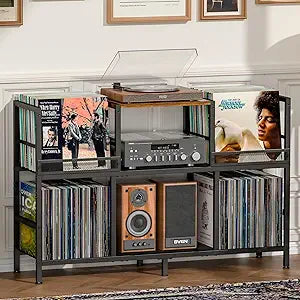 Record Player Stand, Turntable Stand with 3-Compartment Vinyl Storage Cabinet, Holds 300+ Albums, Sturdy Record Player Table for Living Room & Music Room