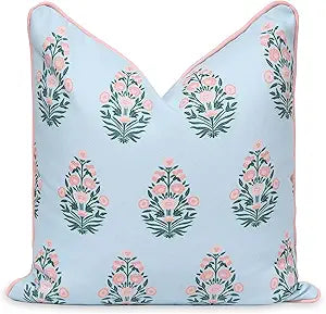 Hofdeco Premium Coastal Patio Indoor Outdoor Throw Pillow Cover Only, 18"x18" Water Repellent for Backyard, Couch, Baby Blue Blush Pink Floral with Piping