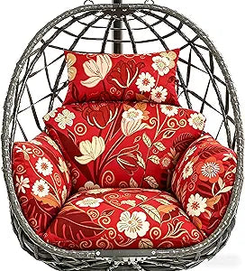 Egg Chair Cushion Replacement, Waterproof Thicken Hanging Egg Swing Chair Cushion for Outdoor Furniture, Wicker Rattan Hammock Basket Cushion with Headrest Pillow 47x31.5x4.7 inch(Red Peony)