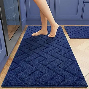 hicorfe Kitchen Runner Rug and Mats Sets,2 Pieces Absorbent Non-Slip Kitchen Rug,Comfort Kitchen Mat for Floor,Washable for Kitchen,Hallway,Office,Sink,Laundry(20"x59"+20"x32",Navy Blue)