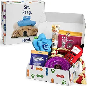 Get Well Soon Dog Gifts, Dog Care Package, Puppy Gift Basket with 3 Dog Treats and 4 Toys, Adorable Puppy Gift Basket, Pet Care Package
