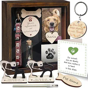 8.6'' Pet Memorial Shadow Box, Rustic Collar Holder Picture Frame, Paw Print Kit, Dog Wooden Sculpture, Pet Hair Fur Jar, Cat Memorial Keychain, Dogs Sympathy Card, Gift for Pet Lovers PSD-4R