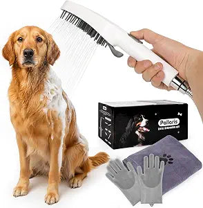 Dog Shower Attachment with 4 Spray Modes, 6.5ft Stainless Steel Hose & Metal Diverter  Easy-Install Kit with Grooming Gloves and Absorbent Microfiber Pet Towel  Indoor/Outdoor Use