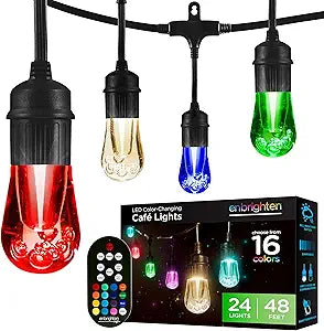 Enbrighten Vintage Outdoor String Lights, 48ft, 24 RGB Acrylic Bulbs, Weatherproof, RF Remote Control, Perfect for Holidays, Gameday, Parties, and More, 37790