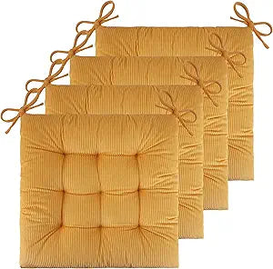 Set of 4 Chair Cushions for Dining Chairs 18" x 18" Corduroy Chair Seat Cushion for Office and Kitchen Chair Comfort Chair Cushion for Long Sitting (Yellow)