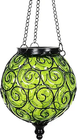 Solar Hanging Lantern Outdoor Garden Lights, Round Glass and Metal Hanging Lantern, 15 Firefly LED Lights, 7 x 20 Inch (Green)