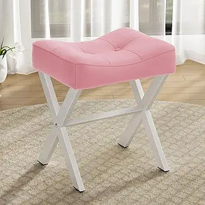 Memobarco 18-Inch Leather Vanity Stool Chair, Vanity Bench with Metal X-Leg, Ottoman Accent Stool with Thick Padded Saddle Seat, Pink