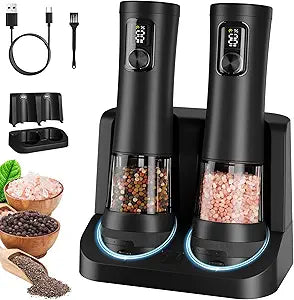 Electric Salt and Pepper Grinder Set, Automatic Refillable Salt and Pepper Shakers 2-Speed Setting with LED Light and 5 Adjustable Coarseness,Practical and Convenient Kitchen GadgetsBlack