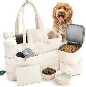 rubyloo Puffer Dog Travel Bag for Dog Moms  Doggy Diaper Bag with Pet Bowls & Food Storage or Everyday Puffy Tote  Doggy Mom Gifts for Women  Lightweight, Travel-Ready Gift for Pet Lovers  Beige